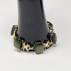 Green and Gold Tone Link Bracelet 8" Length Square